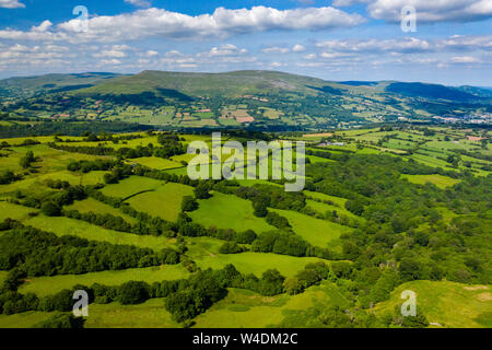 Luftaufnahme von grünen Feldern und Äckern im ländlichen Wales Stockfoto