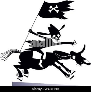Mann mit dem Schädel Kopf hält eine Fahne mit Knochen Symbol und reitet auf dem Pferd mit dem Schädel Kopf schwarz auf weiß Abbildung: Stock Vektor