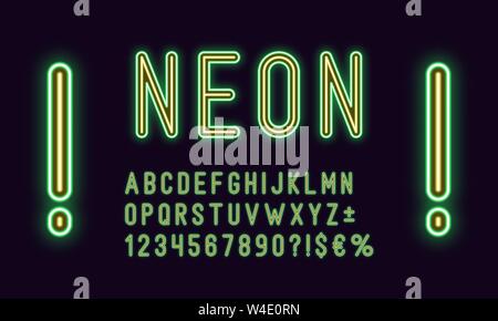 Neon abgerundete Alphabet, grüne Farbe Gelb. Neon Konturschrift, set Duplex leuchtenden Buchstaben, Zahlen, Währungen und andere Zeichen, Symbole. Vektor Stock Vektor