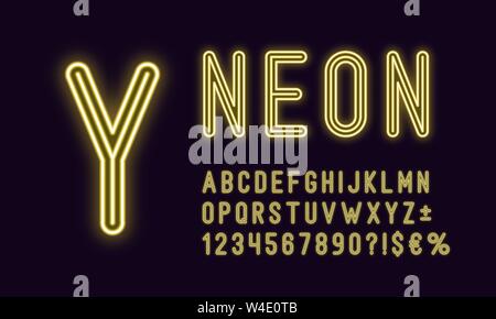 Neon abgerundete Alphabet, Farbe gelb. Neon Konturschrift, monochrome leuchtenden Buchstaben, Zahlen, Währungen und andere Zeichen, Symbole. Vektor typ Stock Vektor