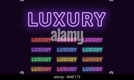 Neon text Luxus, ausdrucksstarken Titel. Satz von glühenden Wort Luxus in Neon outline Style mit transparenten Hintergrundbeleuchtung. Vector Kit, rot rosa lila Violett bl Stock Vektor