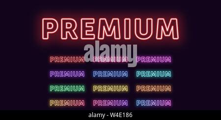 Neon text Premium, ausdrucksstarken Titel. Satz von glühenden Wort Premium in Neon outline Style mit transparenten Hintergrundbeleuchtung. Vector Kit, rot rosa lila violett Stock Vektor