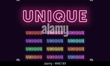 Neon Text eindeutige, aussagekräftige Titel. Satz von glühenden Wort Einzigartig in Neon outline Style mit transparenten Hintergrundbeleuchtung. Vector Kit, rot rosa lila Violett bl Stock Vektor