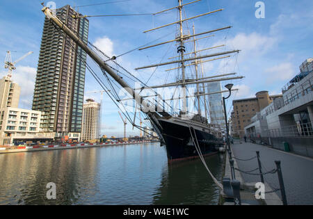 Cutty Sark Schiff in Greenwich Pier in Canary Wharf London 2019 Stockfoto