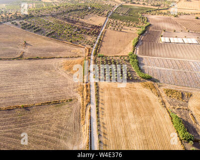 Luftaufnahme von einem ländlichen Gebiet am Morgen den Schuß in einem Feld im südlichen Sizilien, Italien genommen wird Stockfoto