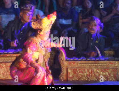 Digitale Ölfarbe Wirkung einer solo Balinesische Tänzerin, eine Frau in der traditionellen Tracht im Ubud Palace. Stockfoto