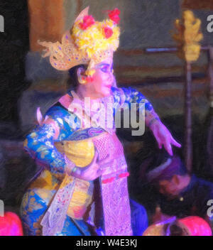 Digitale Ölfarbe Wirkung einer solo Balinesische Tänzerin, eine Frau in der traditionellen Tracht im Ubud Palace. Stockfoto