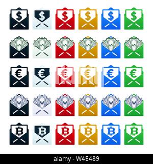 Karten mit Währungen in den Briefumschlägen. Finanzielle Vector Icons. Stock Vektor