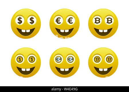 Smileys Emoticons mit Währungen. Emoticon und Finanzen Symbole. Stock Vektor