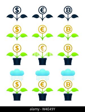 Abstrakte Blumen mit Währungen auf weißem Hintergrund. Finanzielle Wachstum Konzept Design. Stock Vektor