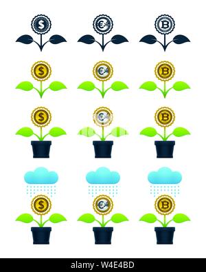 Abstrakte Blumen mit Münzen auf weißem Hintergrund. Finanzielle Wachstum Konzept Design. Stock Vektor