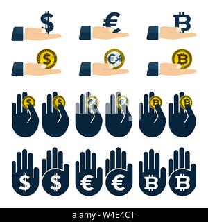 Hände Währungen Holding. Finanzielle Vector Icons. Stock Vektor