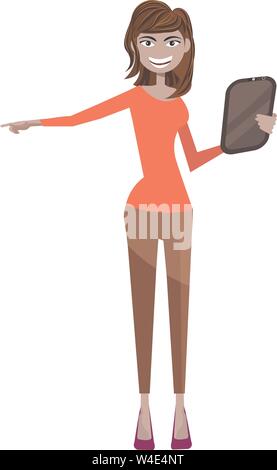 Süße Mädchen in einem flachen Stil zeigen und Holding Tablet in der Hand. Geschäftsfrau erklären von Tablet PC und zeigt. Vector Illustration in flachen Styl Stock Vektor