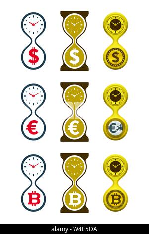 Währungen und Sanduhr. Geld und Zeit Konzept Design. Stock Vektor