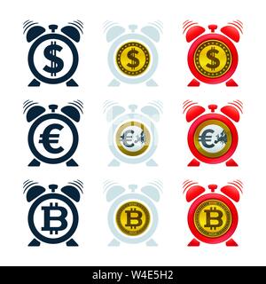 Währungen und Wecker. Geld und Zeit Konzept Design. Stock Vektor