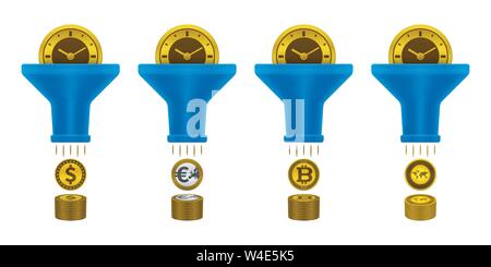 Drehen in Geld. Münze, Uhr und Symbole Trichter. Financial Concept Design. Stock Vektor