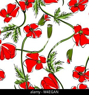 Roter Mohn auf einem weißen Hintergrund. Florale nahtlose Muster mit großen hellen Blumen. Sommer Vector Illustration für Drucken auf Textil-, Gewebe-, Geschenkpapier Stock Vektor