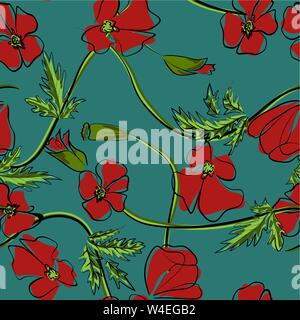 Roter Mohn auf grünem Hintergrund. Florale nahtlose Muster mit großen hellen Blumen. Sommer Vector Illustration für Drucken auf Textil-, Gewebe-, Geschenkpapier Stock Vektor