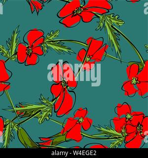 Roter Mohn auf grünem Hintergrund. Florale nahtlose Muster mit großen hellen Blumen. Sommer Vector Illustration für Drucken auf Textil-, Gewebe-, Geschenkpapier Stock Vektor