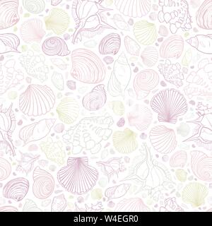 Vektor weiß pastell Farben Rapport mit Vielzahl von Muscheln. Perfekt für Grüße, Einladungen, Verpackung Papier-, Textil-, Hochzeits- und Web Stock Vektor