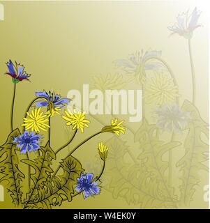 Vector Illustration mit schönen Feld Kornblumen und Löwenzahn auf grünem Hintergrund. Für die Dekoration Textilien, Verpackung und Tapeten Stock Vektor