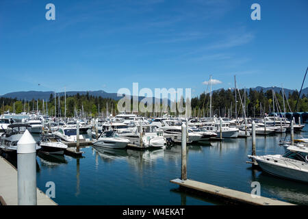 Die Bayshore West Marina, die an einem wunderschönen Frühlingstag voller Boote und Yachten in der Innenstadt von Vancouver, BC in der Nähe des Stanley Parks gesehen wurde. Stockfoto