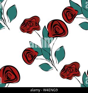 Nahtlose Muster mit Skizze bunte Blüten. Tapete mit Hand gezeichnet Rosen und Blätter. Vector Illustration Stock Vektor