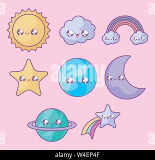 Satz von cute Stars mit Symbolen kawaii Stil Vector Illustration Design Stock Vektor