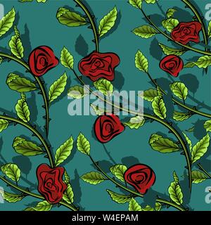 Ein Zweig mit Blättern und Rosen auf grünem Hintergrund. Nahtlose Muster Stock Vektor