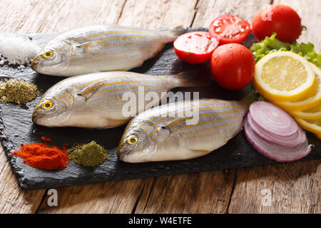 Frisch Sarpa salpa mit rohem Gemüse und Gewürze close-up auf einer Schiefertafel Board auf dem Tisch erwischt. Horizontale Stockfoto