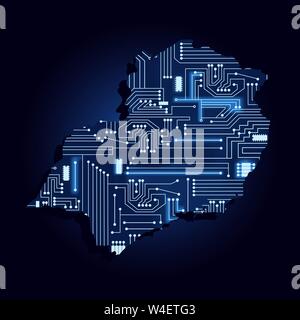 Konturkarte der Südosten von Brasilien mit einer Technische Elektronik Schaltung. Brasilianischen Region. Blauen Hintergrund. Stock Vektor