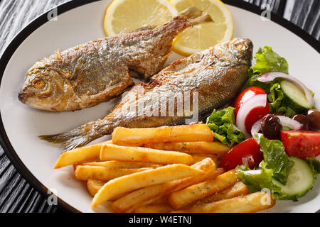 Gebratene Salema porgy Fisch mit Zitrone und Beilage frisches Gemüse Salat close-up auf einem Teller auf den Tisch. Horizontale Stockfoto