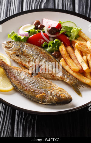 Gebratene Salema porgy Fisch mit Beilage von frischem Salat und Pommes frites Close-up auf einem Teller auf den Tisch. Vertikale Stockfoto