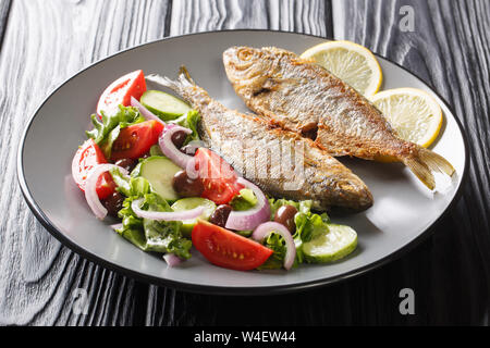 Teil der Fried Salema porgy Fisch mit Zitrone und frischen Salat close-up auf einem Teller auf den Tisch. Horizontale Stockfoto