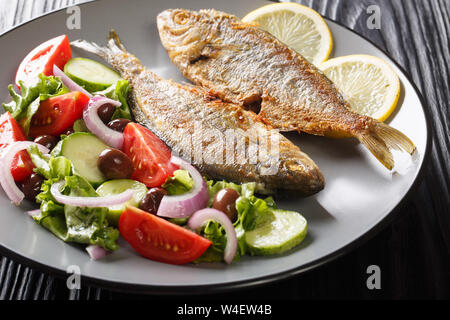Spicy fried Salema porgy Meer Fisch mit Zitrone und frischen Salat close-up auf einem Teller auf den Tisch. Horizontale Stockfoto