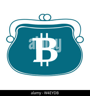 Blaue Silhouette einer Brieftasche. Das Symbol, das Symbol der Bitcoin. Isoliert, weiß. Abbildung Stockfoto