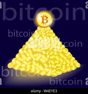 Das Bitcoin-Symbol. Pyramide von Goldmünzen . Blau . Die Inschrift Bitcoin . Das Konzept der Kryptowährung. .Illustration Stockfoto