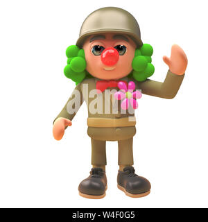 3d cartoon Armee Soldat Charakter in Uniform und gekleidet wie ein Clown mit roter Nase und Perücke, 3d-Grafik rendern Stockfoto