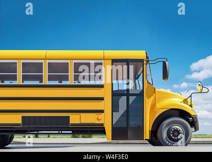 School Bus auf der Straße geparkt, Konzept der gehen wieder zur Schule, schönen sonnigen Tag, 3D-Rendering Stockfoto