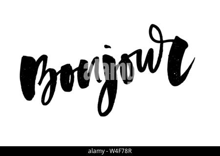 Vektor poster Kalligraphie mit Bonjour Übersetzung: Hallo Phrase abstrakten Dekor. Handdrawn Bürstenelemente in sanften Palette. Isolierte Typografie Karte. Stock Vektor