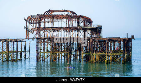 Brighton UK 23. Juli 2019 - Paddel Boarder genießen Sie die warme Sonne am frühen Morgen von der West Pier in Brighton. Hitzewelle Bedingungen sind für den Südosten von Großbritannien mit Temperaturen erwartet, die Mitte der 30er Jahre heute zu erreichen und in den nächsten Tagen erwartet. Foto: Simon Dack/Alamy leben Nachrichten Stockfoto