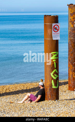 Brighton UK 23. Juli 2019 - die Besucher am frühen Morgen heißen Sonne genießen von der West Pier in Brighton. Hitzewelle Bedingungen sind für den Südosten von Großbritannien mit Temperaturen erwartet, die Mitte der 30er Jahre heute zu erreichen und in den nächsten Tagen erwartet. Foto: Simon Dack/Alamy leben Nachrichten Stockfoto