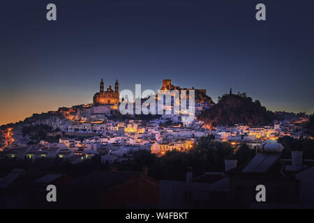 Olvera Stadt mit Burg und Dom bei Nacht - Olvera, Provinz Cadiz, Andalusien, Spanien Stockfoto