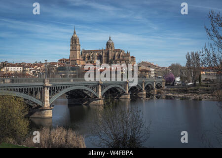 Salamanca Skyline Blick mit Kathedrale und Enrique Estevan Brücke vom Fluss Tormes - Salamanca, Kastilien und Leon, Spanien Stockfoto