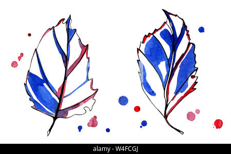 Zwei Aquarell stilisierte grafische Blätter im Herbst. Hand - mit schwarzen, blauen und roten Tinte mit frühen Farbe Tropfen auf dem Hintergrund gemalt. Isolierte Objekte auf Stockfoto