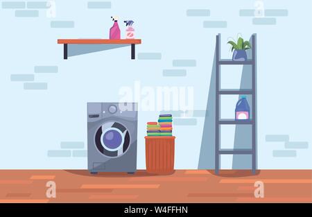 Wäscheservice Raum Treppe Waschmaschine Waschmittel Reinigungsmittel und liefert Vektor illustration Stock Vektor