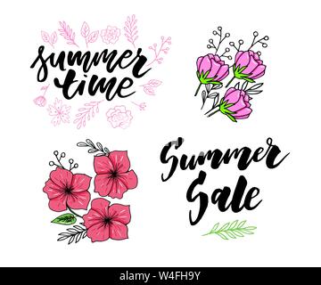 Vector Illustration: Bürste Schriftzug Zusammensetzung der Sommerferien slogan Hallo Sommer Stock Vektor