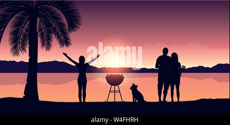 Bbq mit Freunden am Strand bei Sonnenuntergang Vektor-illustration EPS 10. Stock Vektor