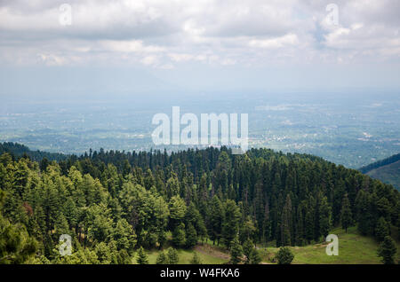 Wunderschöne Aussicht auf das Tal von Kaschmir Gulmarg Straße in Gulmarg Wildlife Sanctuary, Jammu und Kaschmir, Indien Stockfoto