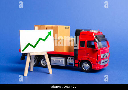 Rote Lkw mit Boxen geladen und stehen mit einem grünen Pfeil nach oben. Wirtschaftliche Indikatoren und den Umsatz erhöhen. Ausfuhren, Einfuhren. Hohe Handelsvolumina, Wachstum Produkt Stockfoto